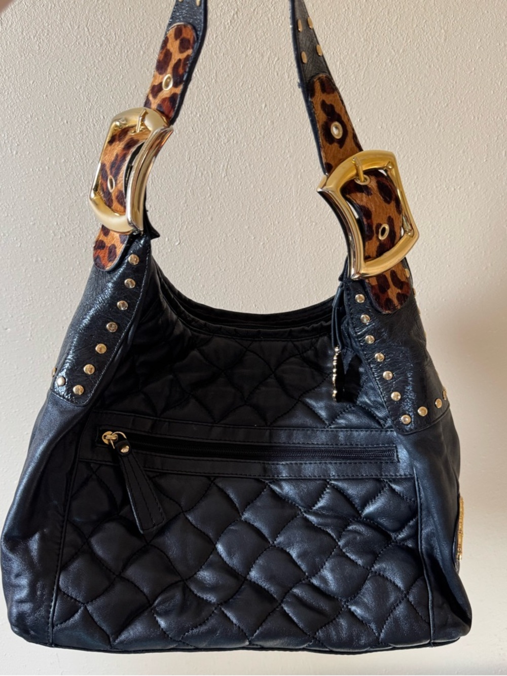 Black Quilted Shoulder Bag with Leopard-Pattern Strap
